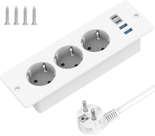 Tischplatte Versenkte Steckdose mit 2 USB und 2 Type-C, 3-Fach Einbau Steckdosenleiste mit 2m Kabel, Tischsteckdose Mehrfachsteckdose für Möbel oder Arbeitsflächen (Weiß)