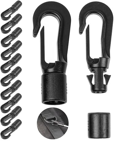 Kunststoff Karabinerhaken, 12 Stück, in Schwarz, für Ø 2-3 mm Dicke Bänder, DIY Plastikhaken für Gummiseil, Leine, Schnurband, Kordel Haken mit Stecksystem, Planenseil Spanner Gummileine Seilhaken