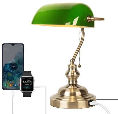 JCPYIUL Grüne Tischlampe im Retro-Stil mit USB-Ladeanschluss und messingfarbenem Schiebeschalter, geeignet für Büro, Arbeitszimmer und Schlafzimmer
