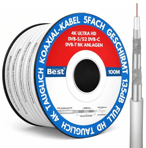 Germany B.e.s.t Koaxialkabel 100 M SAT-Kabel | 4K Ultra HD | Class A+ | DVB-S/S2 DVB-C DVB-T BK Anlagen | 5Fach Geschirmt | 135dB
