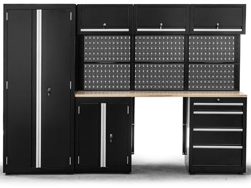 Ondis24 XL Werkstatt Komplett Set 260cm vormontierte Männerküche Werkstattrichtung modular mit Holzarbeitsplatte, Werkzeugschränke, Werkbank mit Schubladen (9 TLG.)