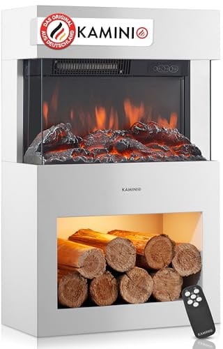 KAMINIO Elektrokamin Henri - Elektrischer Kaminofen mit Heizung, 3D-Flammeneffekt, Holzfach, LED-Ambientelicht, Fernbedienung (Weiß)