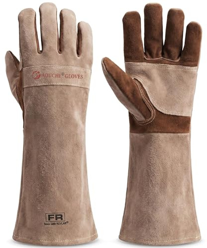 AOUCHI Grillhandschuhe und Schweißhandschuhe aus Rindsleder, langärmelig, feuerfeste und hitzebeständige Kaminhandschuhe für Grill, Schweißen Tig Mig, Kamin, Ofen, Backen, Herd (Kaffee, Large)