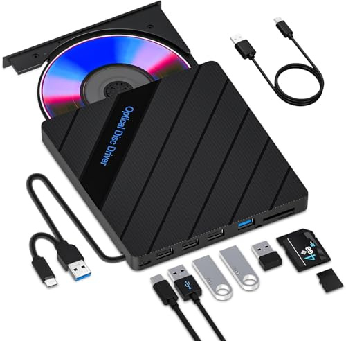 8-in-1 Externes DVD Laufwerk für Laptop CD Laufwerke Extern USB 3.0 Type-C mit 5 USB-Anschlüsse 2 TF/SD-Kartenleser Optische Brenner Reader Player für PC MacBook iMac Windows 11 Vista Linux Mac OS