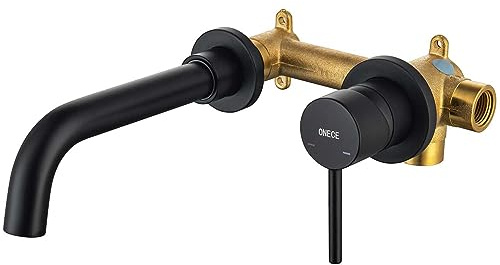 ONECE Unterputz Waschtischarmatur, Wandmontage Wasserhahn Badezimmer Wandarmatur mit 360° Auslauf, Wandarmatur Waschbecken Mischbatterie mit Auslauflänge 202 mm, Waschbeckenarmatur Schwarz