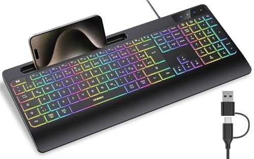 seenda KOE200 Kabelgebundene Tastatur mit USB-A- & USB-C-Kabel beleuchtet, ergonomische Tastatur mit Handyhalter mit Handyhalter, leise Tasten, Fur Windows/Tablet/Mac– QWERTZ Layout