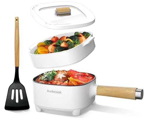 Audecook Elektrischer Hot Pot, 2L/20cm Antihaft Elektropfanne mit Keramikglasur, Tragbarer Multikocher für Ramen, Steak, Ei, Haferflocken, Suppe, 350W/800W (Weiß, 2 Liter)