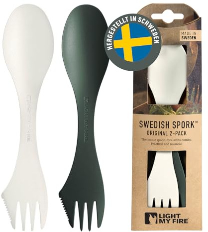 Light My Fire Spork Original Göffel 2-Pack - 3-in-1 Campingbesteck - Löffel, Gabel, Messer - Reisebesteck - BPA-Frei & Bio-Basierter Kunststoff (2er-Pack SageGreen-Cream)