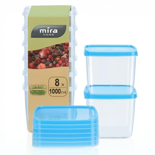 MiraHome Vorratsdosen Set 8x1L Durchsichtig Blau – Perfekt zur Aufbewahrung & Organisation für Lebensmittel – Vorratsdosen mit Deckel Luftdicht – Gefrierdosen für Mealprep & Küche – Austrian Quality