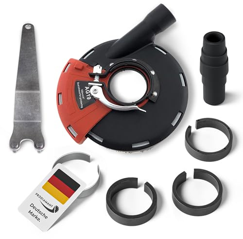 PRODIAMANT® Absaughaube für Winkelschleifer [INKL. ADAPTERRINGE, SPANNSCHLÜSSEL & STAUBSAUGERADAPTER] - mit Bürstenkranz - Staubfreies Arbeiten - Premium-Werkzeug - Passend für 115mm & 125mm