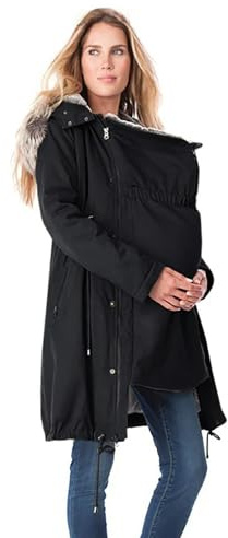 Umstandsjacke Mit Babyeinsatz, Umstands Baumwolljacke 3 In 1 Winter Knielanger Tragejacke Mit Einstellbarer Kordelzug& Pelzkragen Winterjacke Warm Umstandsjacke Schwarz Outdoor Mantel Oversize