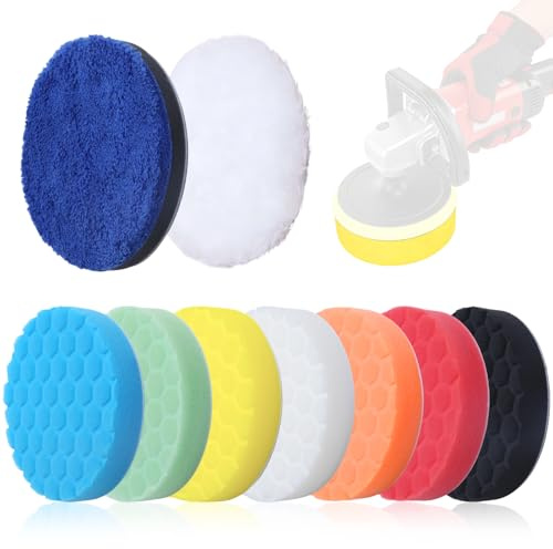Annickee 9 Stück Polierschwämme Pad 125mm, Wachs Schwämme, Auto Polierpad Klett Set, Waben Polieren Schwämme, Polishing Pad Waschbar, Polierschaum für Poliermaschine Zum Polieren, Schleifen, Wachsen