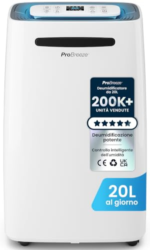 Pro Breeze Luftentfeuchter 20L in 24h Entfeuchtungsleistung - Raumgröße ca. 195m³ (~30 m²) - mit 4 Betriebsarten, Digitalanzeige, Ablaufschlauch, Wäschetrocknung, Timer - Gegen Feuchtigkeit, Schimmel