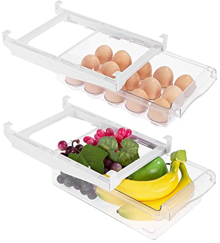 Viesap Kühlschrank Organizer 2 Pack Schublade, Ausziehbare Aufbewahrungsbox, Klarer Behälter für Lebensmittel und Getränke, Eier und Obst.