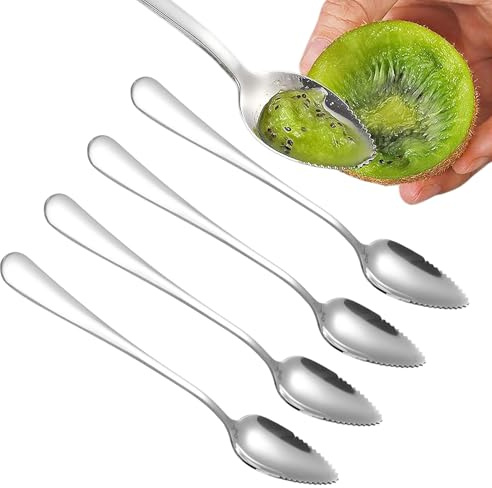 Grapefruitlöffel 4 Stück, Silber Kiwi Spoon aus Edelstahl, Obstlöffel mit Wellenschliff, Fruchtlöffel Dessertlöffel, Spülmaschinengeeignet, Für Kiwi,Äpfel,Grapefruits