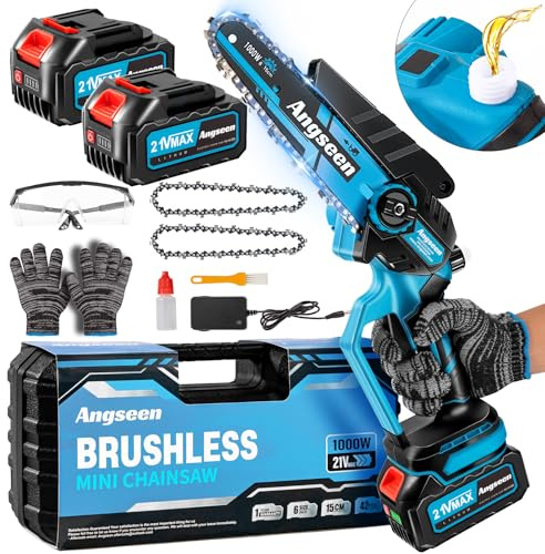 Mini Kettensäge mit Akku, 6 Zoll Akku Kettensäge mit 2 * 4000mAh Akku, 1000W Bürstenloser Motor,Öler&Ketten,HandKettensäge Akku für Gartenscheren Astschere Holzschneiden, Geschenke für Männer, Frauen