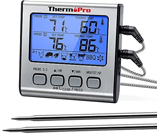 ThermoPro Digitales Grill-Thermometer Bratenthermometer Fleischthermometer Küchenthermometer, zwei Edelstahlsonden, Blaue Hinterbeleuchtung, Temperaturbereich bis 300°C TP17