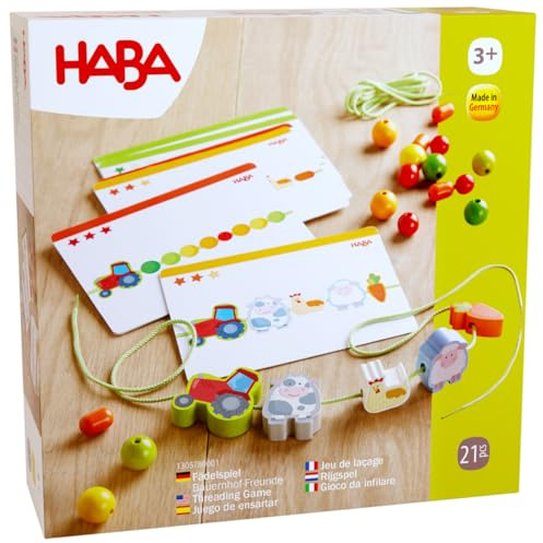 HABA Fädelspiel Bauernhof-Freunde – Kreatives Lernspiel & Fädelkette mit 21 Holzperlen & 2 Schnüren inkl. Vorlagekarten – Fädelspaß für Kinder ab 3 Jahren – 1305780001