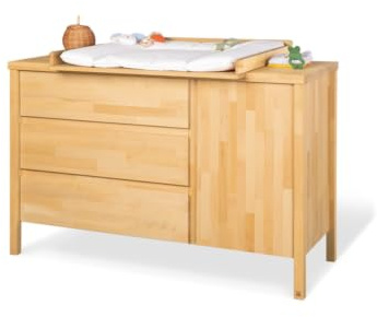 PINOLINO Wickelkommode Enno extrabreit Buche massiv | Große Babykommode mit abnehmbarem Wickelaufsatz I 3 Schubkästen & Tür I Massivholz aus geölter Buche