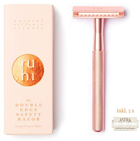 ruhi® Premium Designer Rasierhobel Damen rosé gold Messing nachhaltig mit 5 ASTRA Rasierklingen Zero Waste| plastikfreier Rasierer Damen |Safety Razor