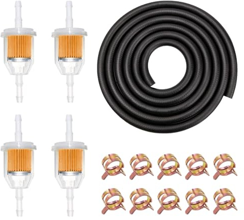 Benzinschlauch Kit 2 Meter Kraftstoffleitung Ø 5mm Kraftstoffschlauch | Benzinschlauch Benzinfilter Mofa mit 10 Stück Schlauchschellen und 4 Benzinfilter für Auto Motorrad Roller