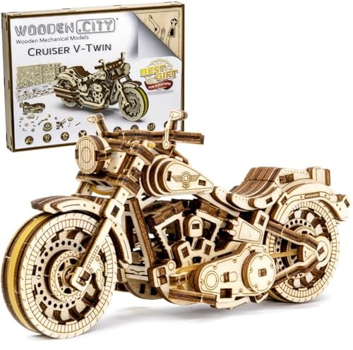 WOODEN.CITY Holzmodellbausatz Motorrad Cruiser V-Twin, Mechanisch 3D Puzzle, Brettspiele Erwachsene - DIY Spielzeug, Laser Cut Hobby, Dekoration