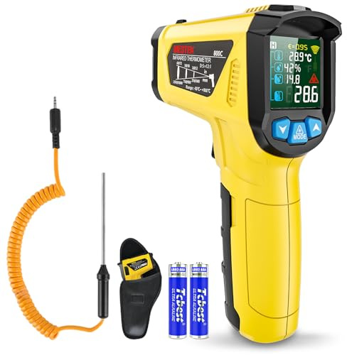 Infrarot Thermometer Laser MESTEK Temperaturmessgerät mit K-Sonde IR Pyrometer -50°C bis 800°C Berührungslos Farbe LCD Alarmfunktion Einstellbarer Emissionsgrad für Küche