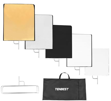 TENBEST Fotografie-Lichtreflektor-Flaggen-Set, 75 x 90 cm, 4-in-1 Diffusor in Gold/Silber/Schwarz/Weiß und lichtdurchlässiger Diffusor, faltbarer Edelstahlrahmen