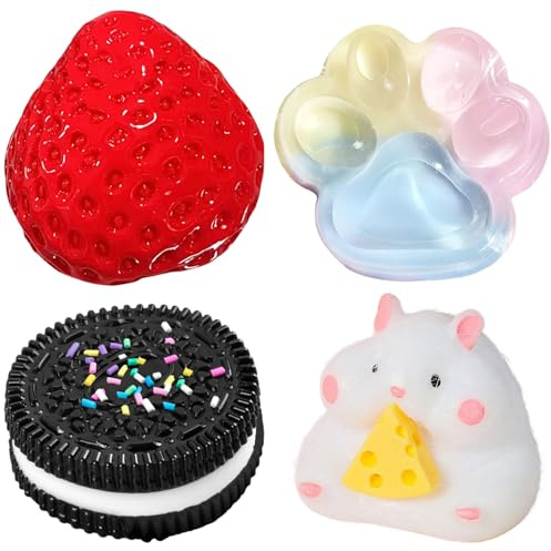 SSKHE Pack of 4 Taba Squishy Set, Strawberry + Hamster + Cat Paw + Hamster , Fufu Squishy Toy Squishes Set for Stress Relief, Sensory Play, Fidget Gifts