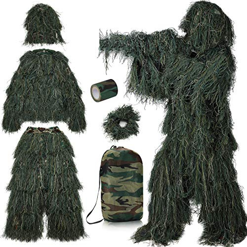 PELLOR 3D Ghillie Suit Tarnanzug, Busch Kostüm 6 Stück Set, mit Tarnband | Jagdbekleidung Herren, Faschingskostüme Männer, Dschungel Woodland Camouflage, Für Wald Jagd Verdeckt