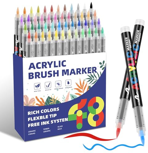 48 Farben Acryl Marker Set – Wasserdichte Acrylstifte für Steine Bemalen, Holz, Keramik & Glas – Premium Pinselstifte mit Flexibler Spitze – Schnelltrocknend & Hochdeckend für DIY Kunstprojekte