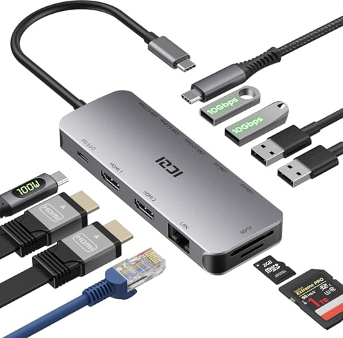 ICZI USB C Docking Station Dual HDMI 11 IN 1 USB Hub 2 HDMI, Gigabit Ethernet, 5X USB C/USB A Ports, PD 100W Schnellladen, SD/TF Kartenleser