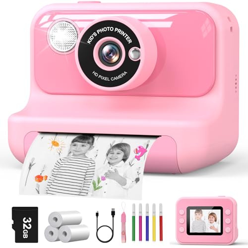 Hangrui Sofortbildkamera Kinder, 2,4 Zoll Kinderkamera Sofortbildkamera mit 32G Karte & Druckpapier, 1080P Kamera Kinder Sofortdruck mit Farbige Stifte, Geschenk für Kinders 3-12 Jahren-Rosa