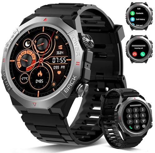 Generisch Militär Smartwatch Herren Damen, Smart Watch mitTelefonfunktion, Herzfrequenzmonitor Schlafmonitor IP68 Wasserdicht Sportuhr, 110+ Sportmodi Fitnessuhr für iOS Android, Schwarz