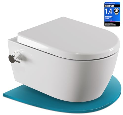 SSWW Dusch WC mit Armatur, Hänge WC spülrandlos mit Bidet Funktion (Taharet), Wand WC mit Softclose Absenkautomatik, Nanobeschichtung, Kalt- & Warmwasseranschluss