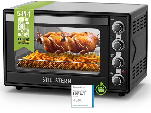 Stillstern Minibackofen mit Umluft 60L (DE Version) Pizza Ø40, CYCLONE PRO+ Antihaftbeschichtung, Auftauen, 2h Timer, Camping Mini Backofen Umluft Pizzaofen Mini Ofen klein Hähnchengrill mit Drehspieß