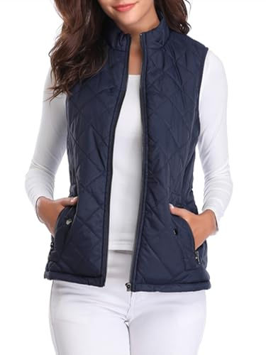 fuinloth Damen Weste, Herbst Leichte Steppweste Westen Ärmellos Jacke Kurz Vest Gilet Dunkel Blau M