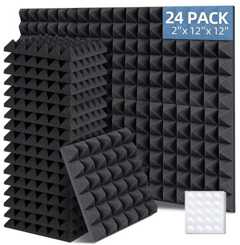 Ohuhu Schallschutzplatten 24 Stück mit Aufkleber, 30 x 30 x 5 cm Akustikschaumstoff Pyramidenplatten Schalldämmung Akustikpaneele für Tonstudio Podcasts Youtube-Zimmer