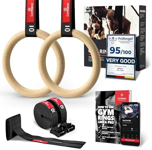 BeMaxx Turnringe Holz Gym Rings + Türanker & Trainings-eBook – Olympische Gymnastik Holzturnringe & Gurte + Markierungen | Turnerringe Gymnastikringe Fitness Ringe Workout Sport | Männer Frauen