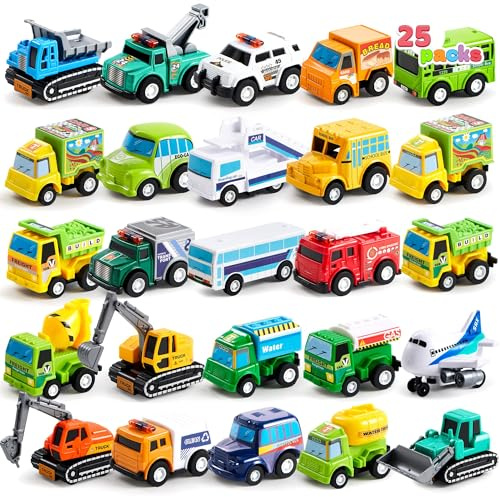 JOYIN 25 Stück Zurückziehen Stadtautos und Lastwagen Spielzeugfahrzeug-Set für Kleinkinder, Mädchen und Jungen, Kinderspielset, Aufziehautos, Spielzeugautos Set, Mini Auto Spielzeug ab 1 2 3 Jahre