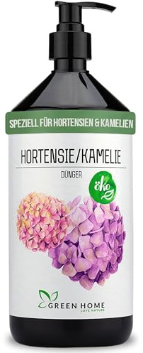 Green Home Hortensie & Kamelie Dünger 1 Liter Flüssigdünger mit Dosierpumpe NPK 5 5 7 Hortensiendünger flüssig für Hortensien und Kamelien auch als Rhododendron Dünger flüssig geeignet