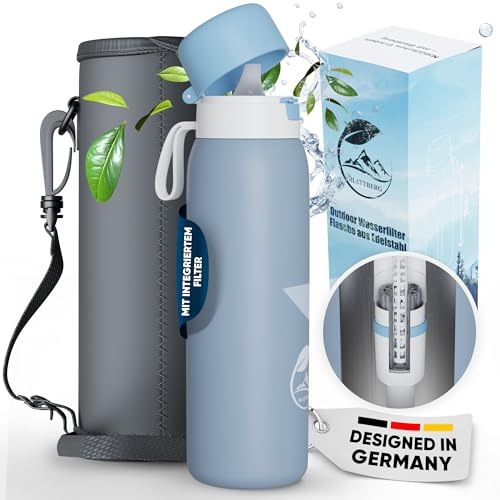 BLATTBERG Wasserfilter Flasche Outdoor 740ml Edelstahl | 1500L Filterkapazität | Entfernt 99,9999% Bakterien Viren PFAS Schwermetalle Mikroplastik | Notfall Wasserfilter für Survival, Reisen, Camping