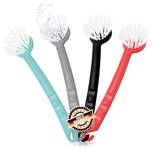 com-four® 4X Spülbürste - Küchenbürste zum Abwaschen - Geschirrbürste für Reinigung - Abwaschbürste mit Nylonborsten - Pfannenbürste aus Kunststoff - ca. 26 cm (4 Stück - rot/türkis/grau/schwarz)