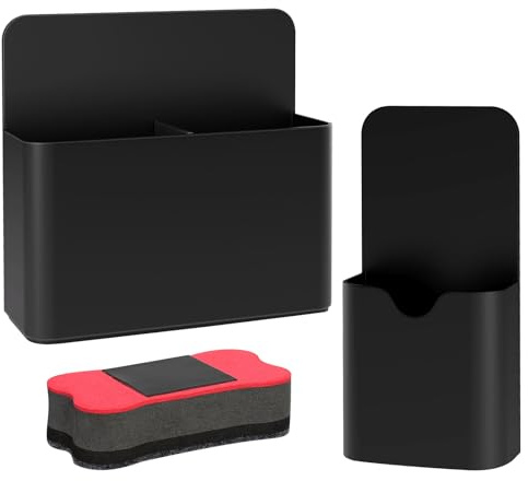 MoKo Stifthalter Magnetisch, 2 Stück Magnetischer Stiftehalter mit 1 Whiteboard Schwamm Magnetisch & 2 Markern, Whiteboard Zubehör für Schule Büro Kühlschrank und Schließfach, Schwarz