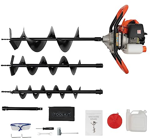 52CC Benzin Erdbohrer Zaunpfosten, 2-Takt Erdlochbohrer Erdbohrgerät Gartenbohrer Bodenbohrer, Handheld, Erdlochbohrer Pfahlbohrer mit 3 Bohrer Durchmesser (100, 150, 200 mm)