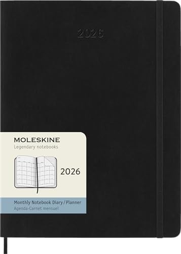 Moleskine Monatsplaner, Monatskalender 2026 12 Monate, Mit Weichem Einband und Elastischem Verschluss, Format XL 19x25, Farbe Schwarz
