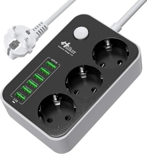 Hulker Steckdosenleiste mit Überspannungsschutz, Steckdosenleiste mit 3 Steckdosen Outlet + 6 USB-Ports, Überspannungsschutz, Kabel 1,6 m, Steckdosenleiste mit Schalter