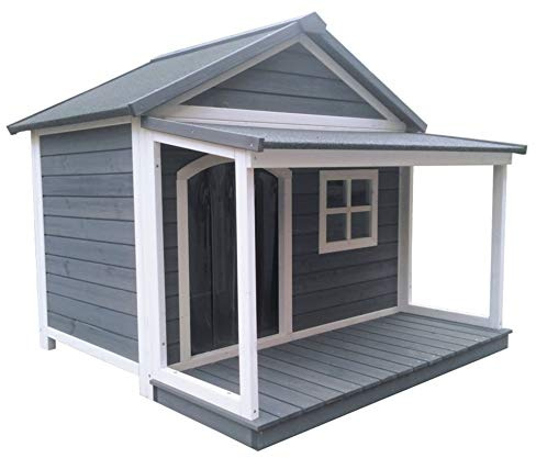 SunnyDogs Hundehütte aus Massivholz | wetterfeste Hundehütten mit Satteldach | isoliertes Hundehaus | Outdoor Hütte mit Vordach, Terrasse & Fenster | B 130 x T 118 x H 108 cm