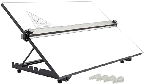 Liquidraw TTM02 Parallel Motion Zeichenbrett, A2, mit 5 verstellbaren Arbeitswinkeln, Clips und quadratischem Quadrat, Weiß