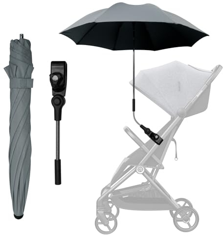FINEVERNEK Sonnenschirm für Kinderwagen, kinderwagen Regenschirm 50+ UV, Kinderwagen sonnenschirm Regenschirm mit Regenschirmgriff, 73cm Durchmesser Universal sonnenschirm Buggy kinderwagen-Grau